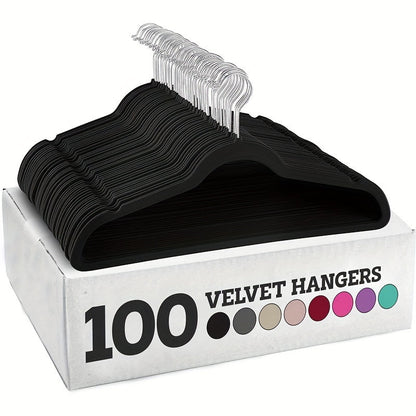 Set of 100 high-quality velvet hangers, measuring 44.96cm each. These non-slip flocked felt hangers are perfect for coats and suits, featuring a 360 degree swivel hook for convenience. Each hanger can hold up to 6.8 KG of weight.