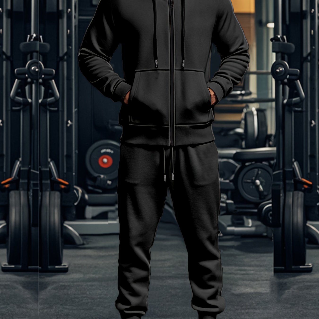 Men's solid color hoodie with matching pants, casual sports set.