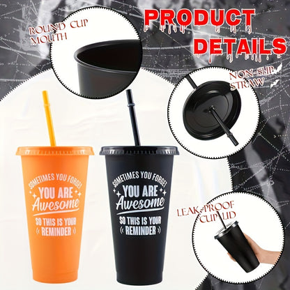 5-Pack of 24oz inspirational tumblers with lids and straws, hand-wash only cups, BPA & PVC free, rectangle sealable mugs for coworkers, teachers, employees.