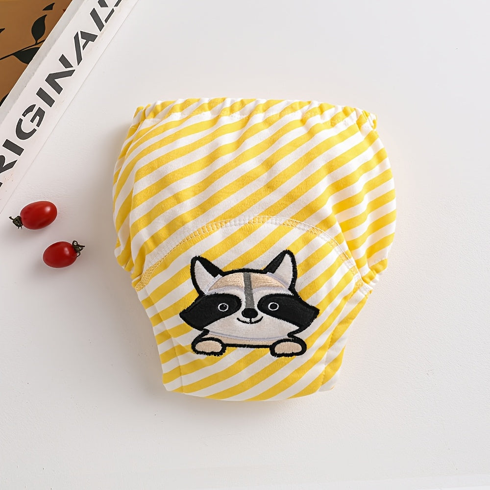 Yellow Striped Raccoon Printed Baby Cloth Diaper Cover - Waterproof, Washable, Reusable Training Pants with Snaps. Korean Style Soft, Breathable Muslin Nappy Wrap