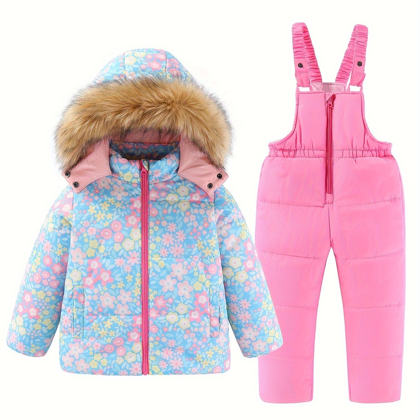 Qizlar uchun qishki chang'i snowsuit to'plami, kaputli kurtka va suspendor shimlar bilan ochiq havoda foydalanish uchun