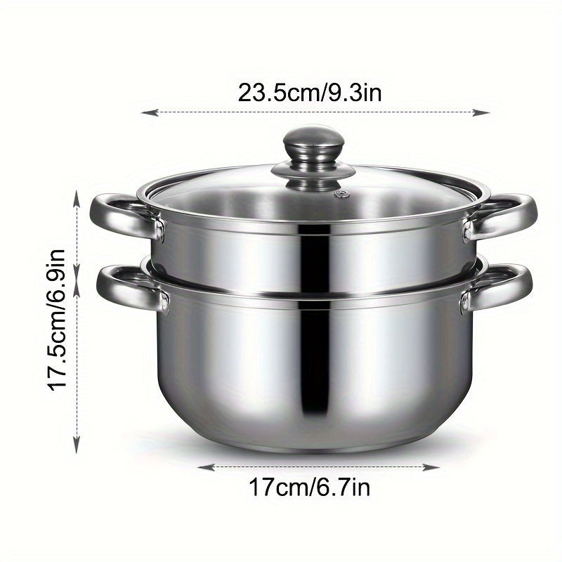 ZZBZZ 24.0cm Stainless Steel Steamer Pot Soup Pot - 2-in-1, Durable Double Layer with Steaming Basket. Compatible with Induction & Gas Stoves, Multi-Use for Home Kitchen Cookware.