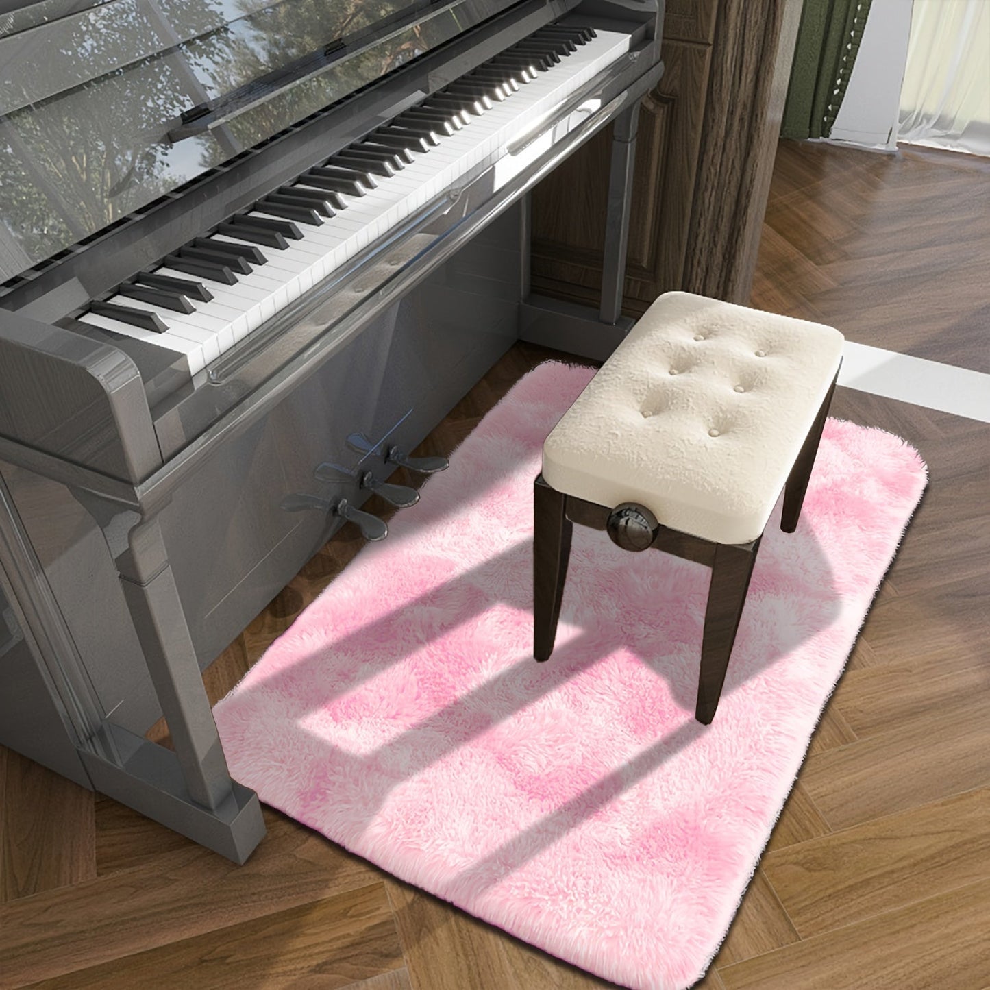 Soft shaggy area mat with a tie-dye design, made with 260g polyester and a 0.6cm thick sponge base. Features a 21 density for added comfort. Machine washable and suitable for indoor use in living rooms, bedrooms, game rooms, and dorms. This Nordic style