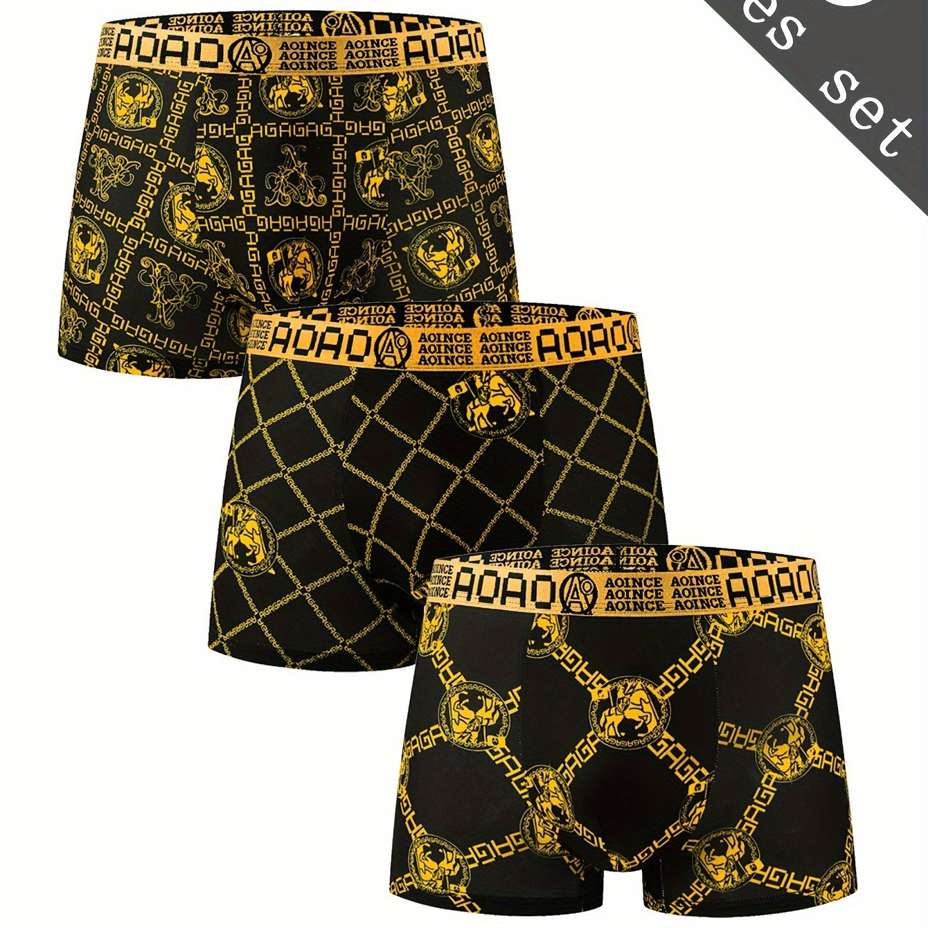 Set of 3 Men's stylish boxer briefs with black and golden chain print, quick-drying and breathable for sports.