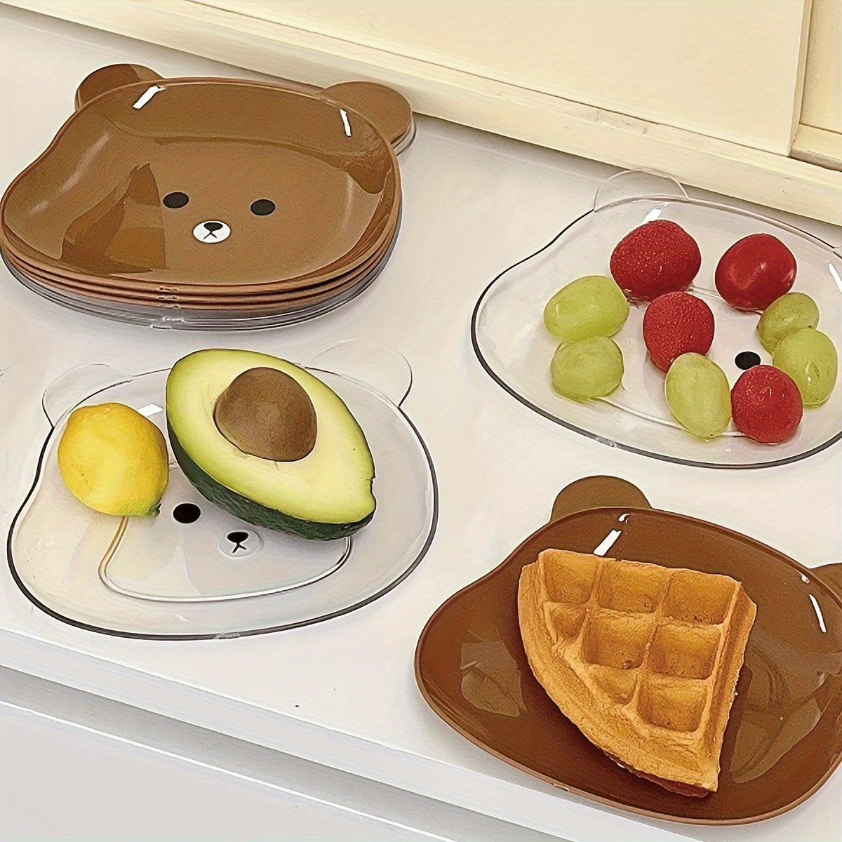 2 adorable bear cartoon PET plates for snacks and meals - durable kitchen essential.