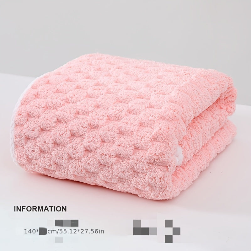 Large pink coral fleece bath towel that is ultra-soft, absorbent, lint-free, and stylish. Perfect for a cozy post-shower experience.