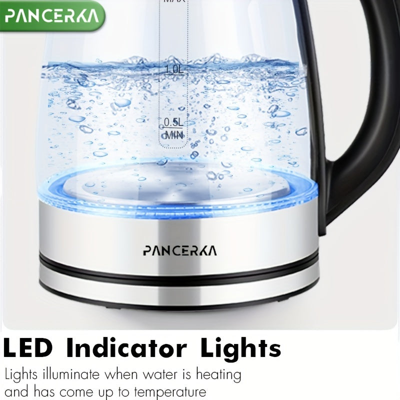 PANCERKA Electric Kettle, 1.8L, LED Illuminated, High Borosilicate Glass, Auto Shutoff, Boil-Dry Protection, 360° Base, Stainless Steel, 220V-240V, European Standard Plug, Rated Power 1500W