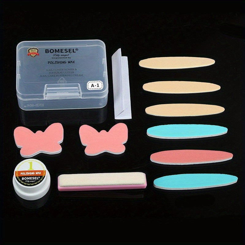 Set includes manicure tools for polishing nails.