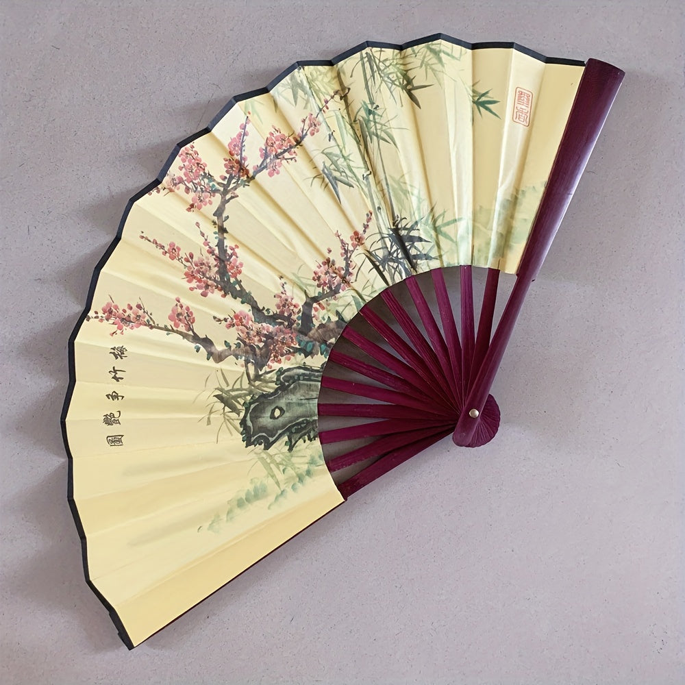 Ancient Style Chinese Fan with Exquisite Peony Plum Eight Jun Picture, 8-Inch Folding Fan