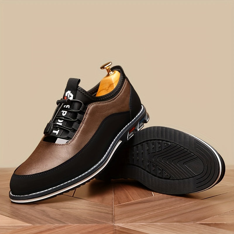 Men's casual low top lace-up shoes with elastic band, PU upper and rubber sole, suitable for all seasons.