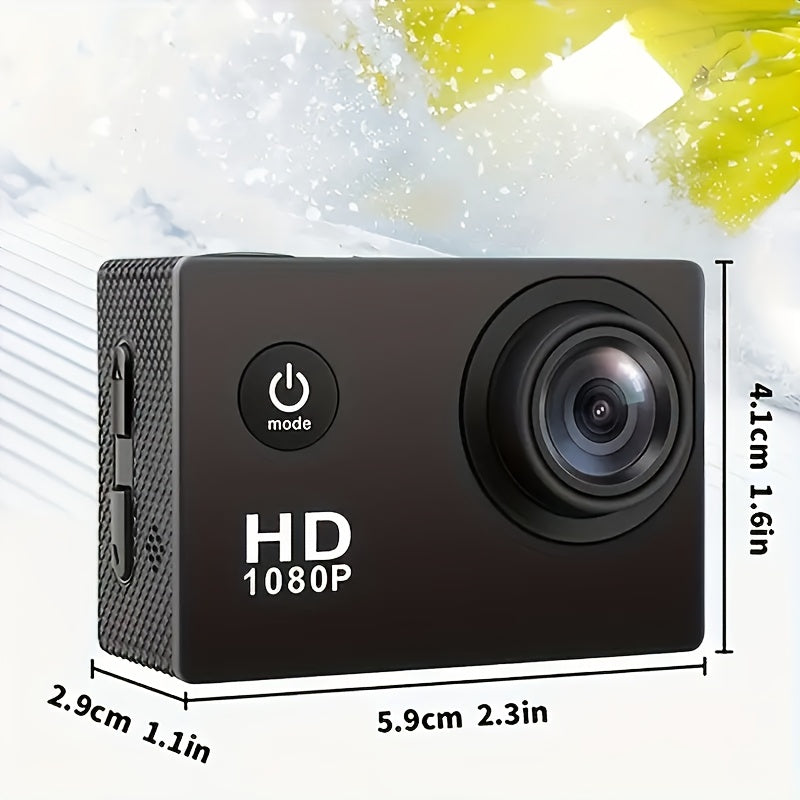 1080P HD action camera with ultra HD recording, 140° wide-angle lens, 5.08cm LCD screen, ideal for outdoor sports. Features automatic exposure, digital stabilization, fisheye lens, and can