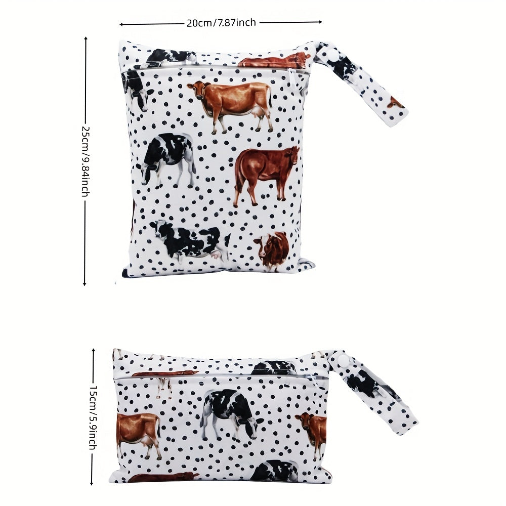 Set of 2 small waterproof wet bags with cow prints.