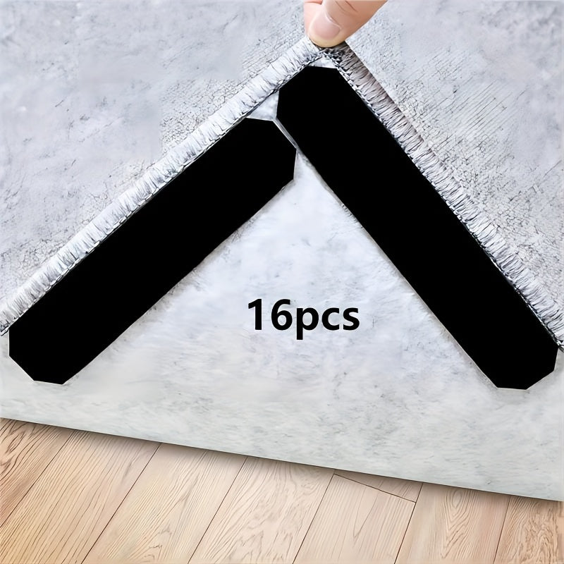 Black Reusable Double-Sided Rug Gripper Tape & Pads - Non-Slip PVC Anchors for Hardwood, Tile Floors, and Carpets - Entryway & Porch Safe - Leaves No Residue - Washable, Cut to Fit - Available in 8/16 Pack