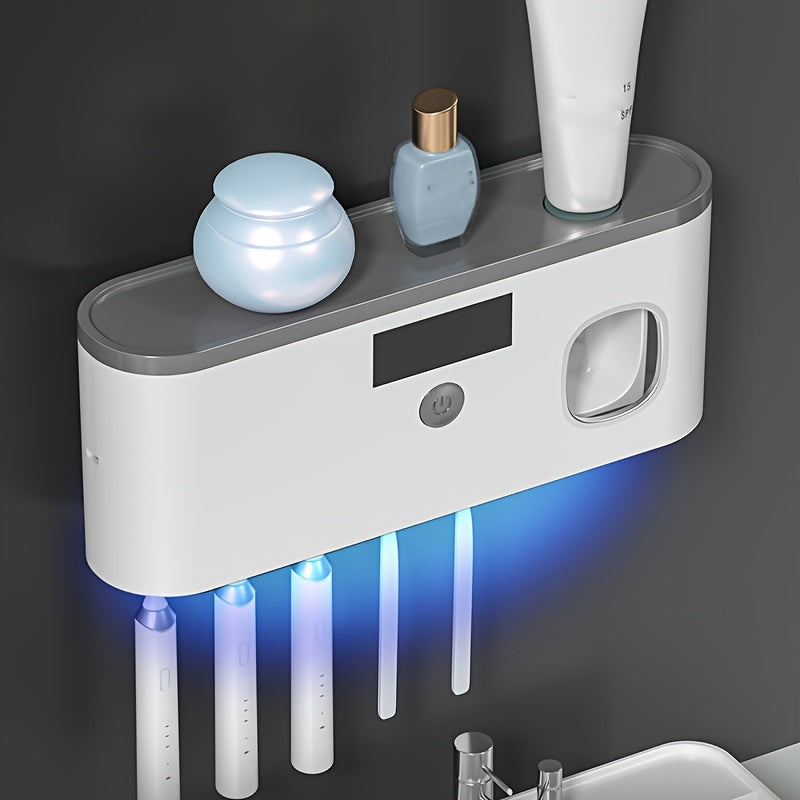 UV Toothbrush with wall-mounted holder that kills 99% of bacteria. No drilling required, includes automatic toothpaste dispenser and can be charged using solar or DC5V.