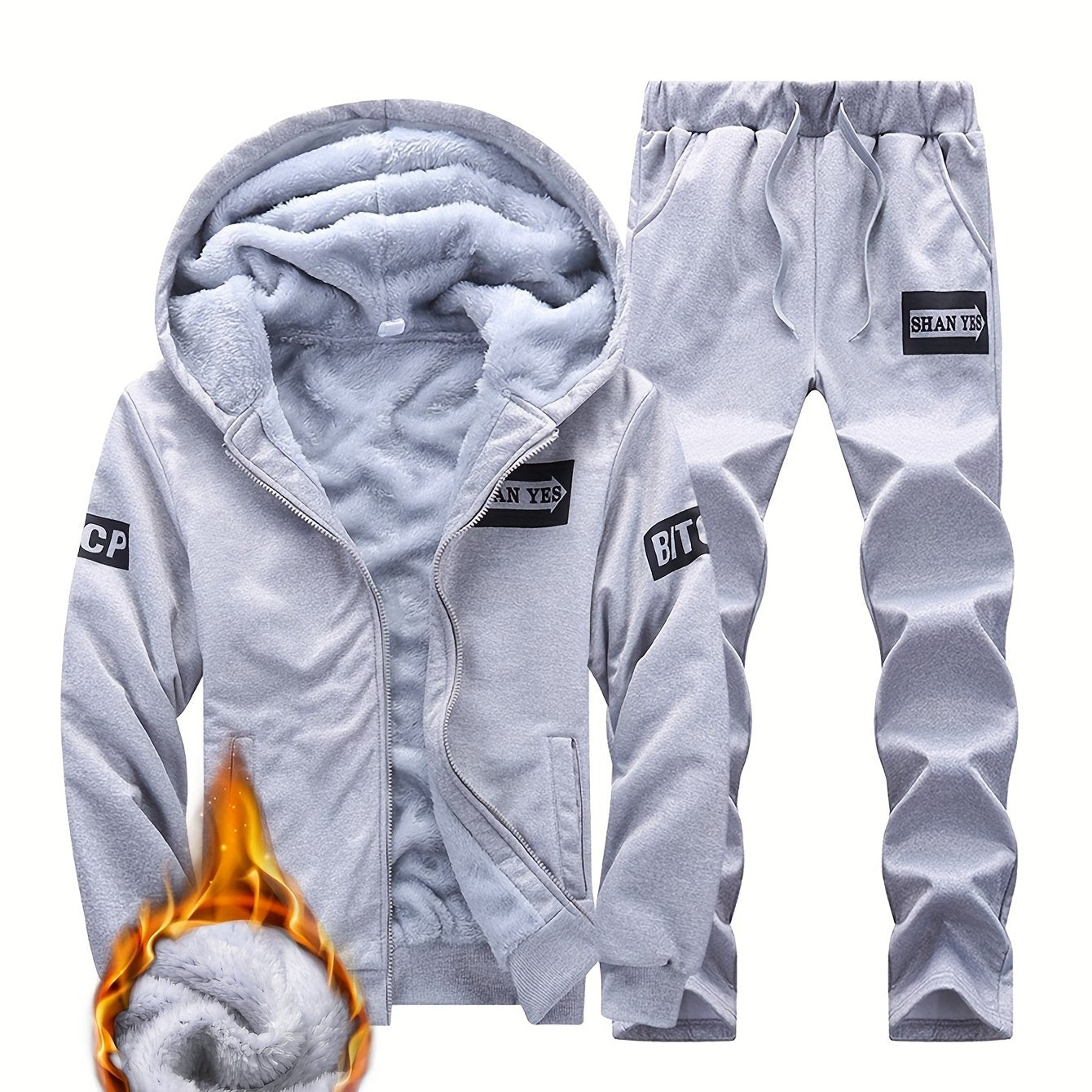 Men's winter fleece-lined hooded jacket and joggers set for a warm, thick, and stylish athletic outfit.