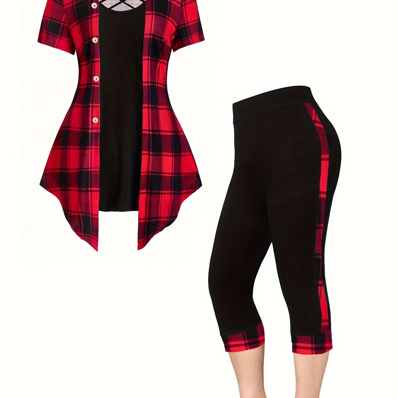 V Neck Short Sleeve Top & Capris Pants Set in Plus Size Plaid Print for Women