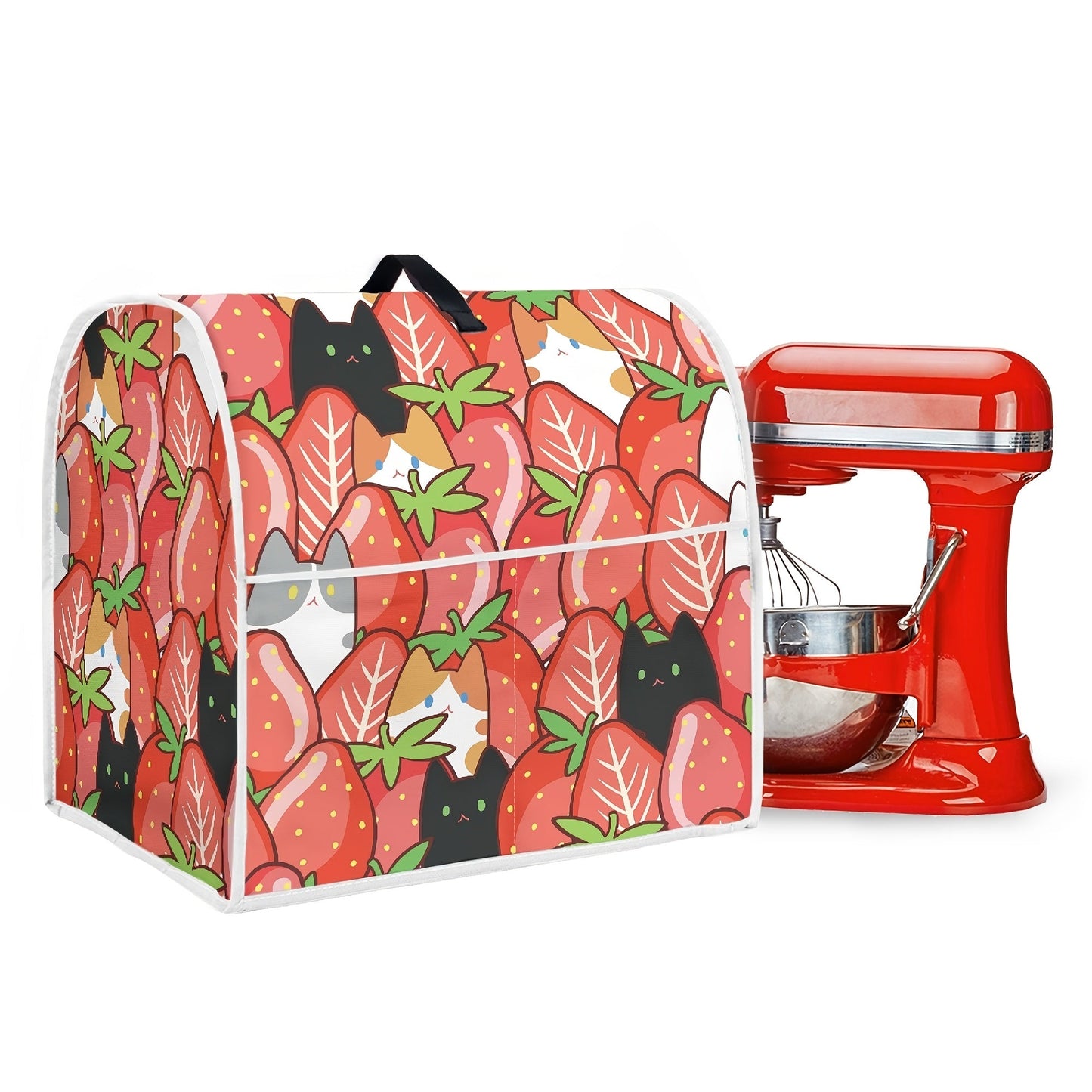 Adorable Strawberry and Kitten Cartoon Stand Mixer Cover - Designed for 6-8 Quart Mixers, Made of Polyester for Dust Protection, Features Top Handle and Accessory Pocket, Perfect for Strawberry Fans, 1 Piece Dust Cover included