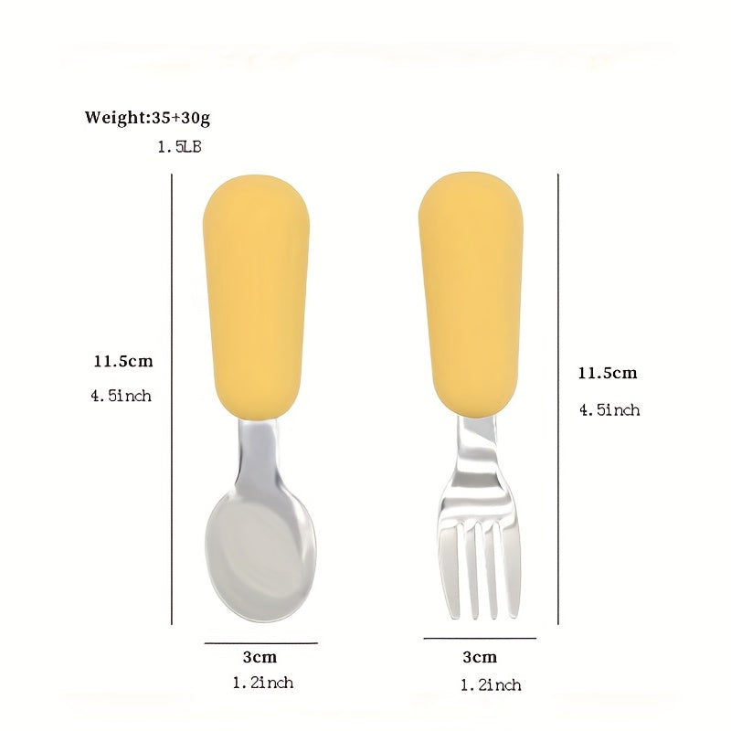 Set of 2 Stainless Steel Toddler Cutlery: Baby Fork and Spoon with Round Handles for Lunch Box - Safe and Perfect for Kids