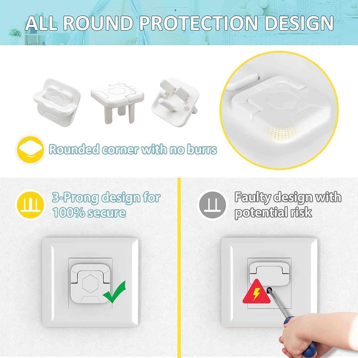 Baby proofing plug covers with hidden pull handle - set of 30. Features 3-prong child safety socket covers to protect electrical outlets and keep kids safe. Outlet protectors with kid-proof cap design.