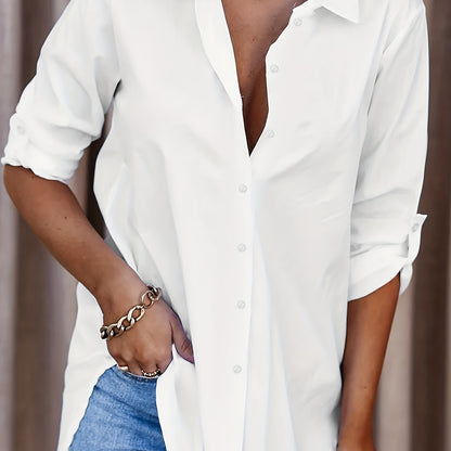 Solid Button Front Shirt with Roll Up Sleeves for Spring & Fall in Plus Size Women's Clothing.