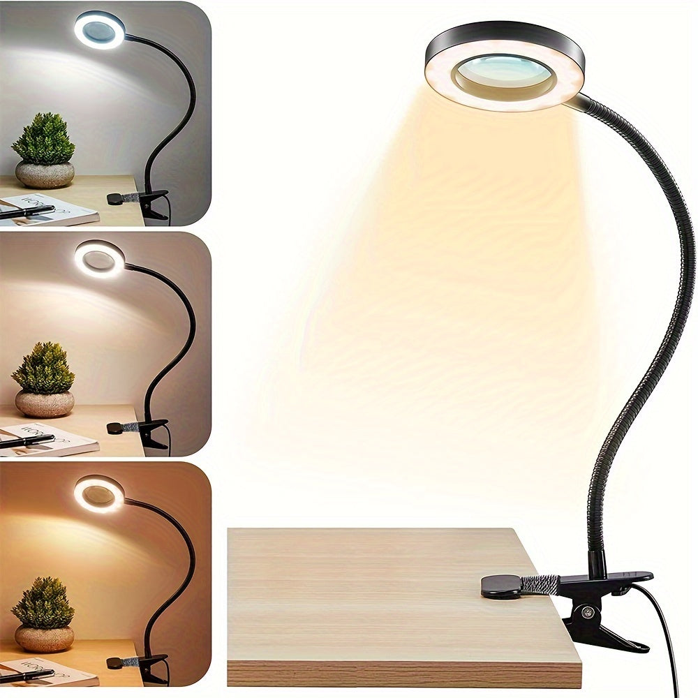 Multi-functional LED desk lamp with magnifying mirror and dimmable, eye-friendly clip-on light for reading, office work, and crafting, powered by USB.