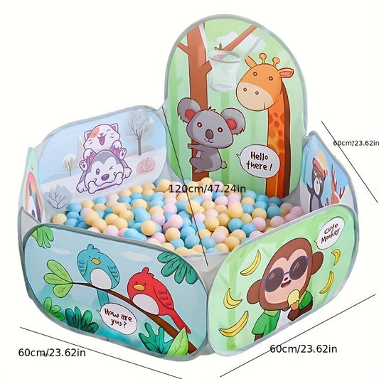 Foldable play tent pool for kids with sloth and giraffe jungle theme, made of durable polyester and steel frame in light green with colorful balls. Great for indoor/outdoor play and game