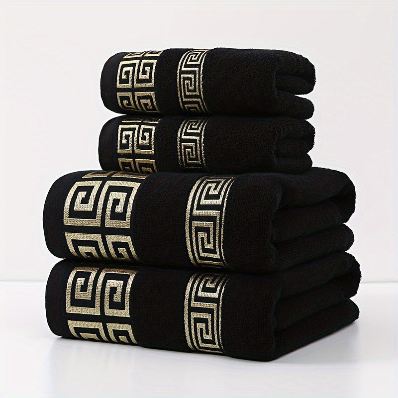 Highly absorbent 4-piece luxury bath towel set with geometric embroidery. Made from soft cotton, 400GSM. Perfect for use at home, in the kitchen, or while traveling. Ideal gift for family and friends. No shedding or fading.