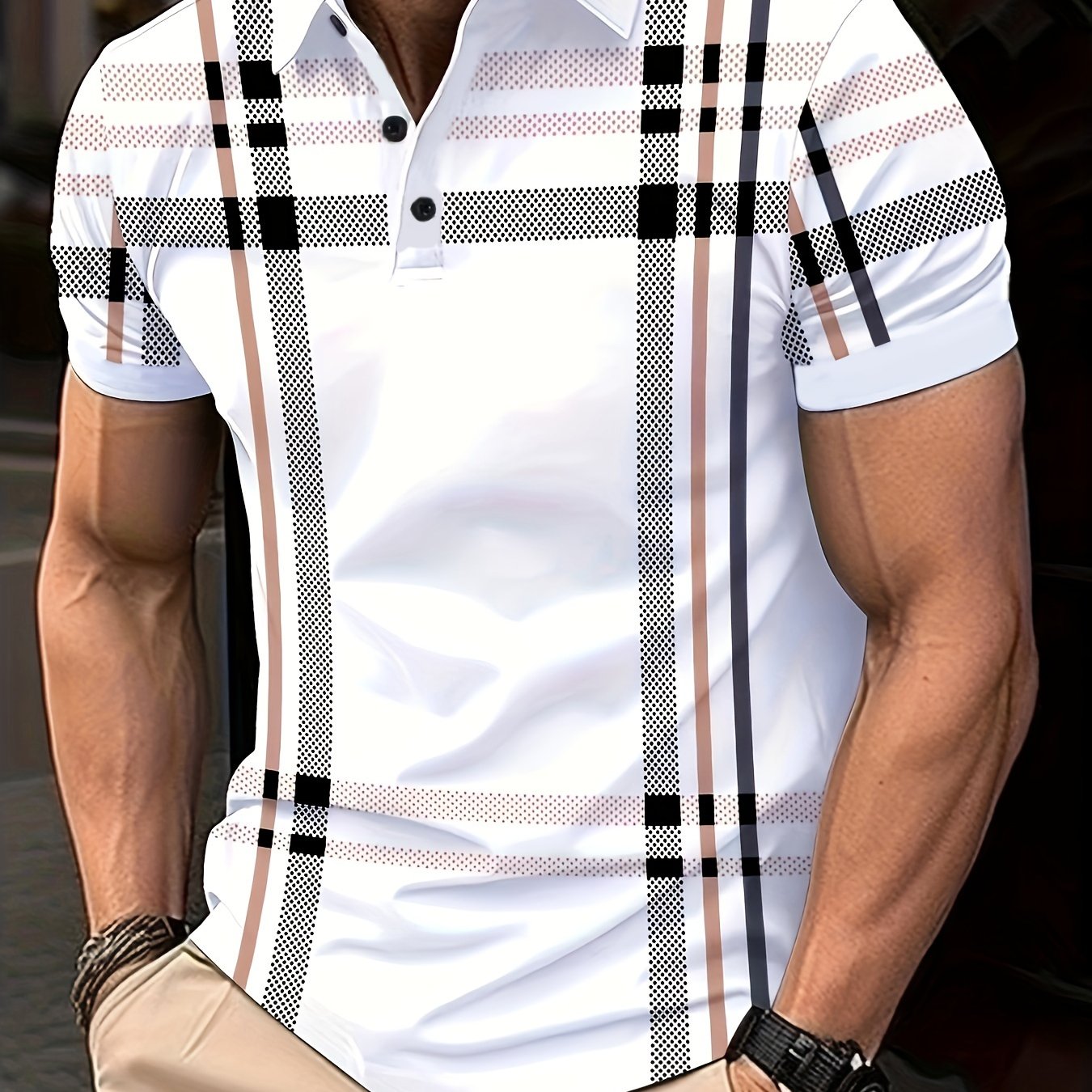 Men's retro plaid print short sleeve shirt, perfect for summer business travel. Features an orange and black/white checkered pattern in lightweight, machine washable polyester. Available in