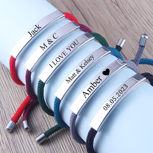 Personalized Name and Date Stainless Steel Bracelet - Adjustable and Customizable for Valentine's Day or Wedding Gifts. Available in Red, Grey, Wine Red, Blue, Green, and Black. Perfect for Fashionable Guests.