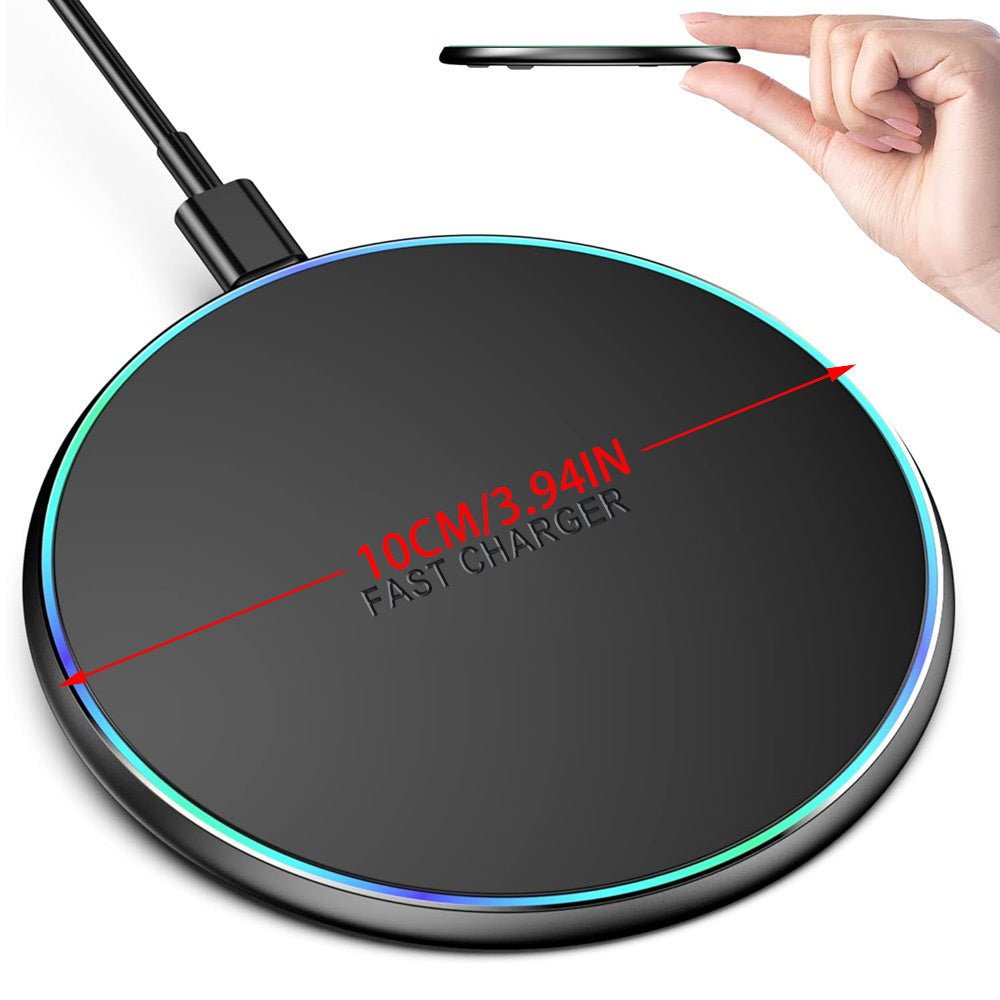 Wireless charging pad with USB-C, LED indicator for mobile phones.