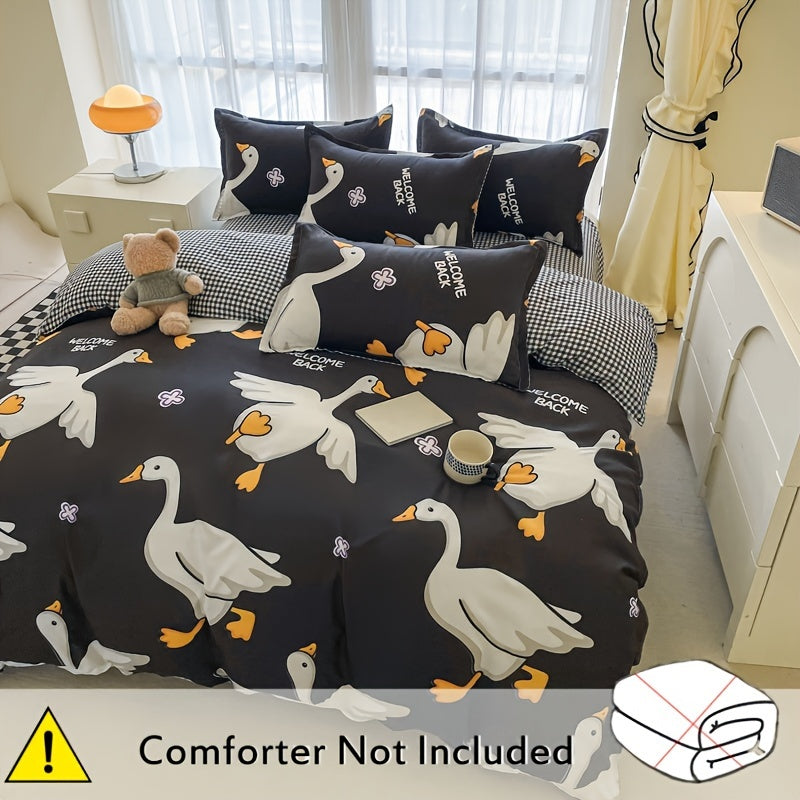 4-piece Black Swan Bedding Set: Soft, Skin-Friendly, Includes Duvet Cover, Flat Sheet, and 2 Pillowcases, Suitable for All Seasons.