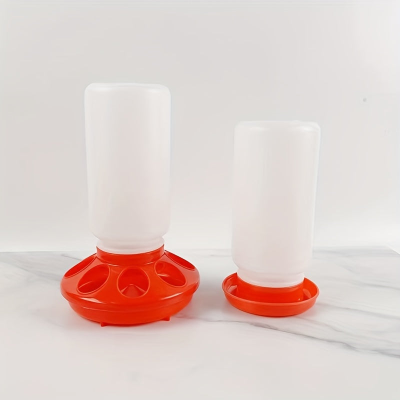 Automated poultry water jug for chickens, birds, pigeons, and quail in red and white color.