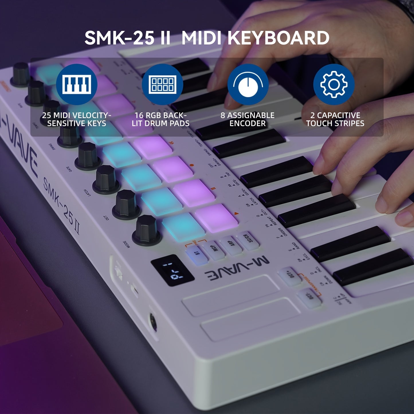 New M-VAVE SMK 25 II MIDI Keyboard with 8 Encoders, 16 RGB Backlights, Wireless MIDI, Speed Sensing, Vibrato, Touch Strip, 2000mAh Battery. Compatible with WINDOWS, MAC, IOS, Android.