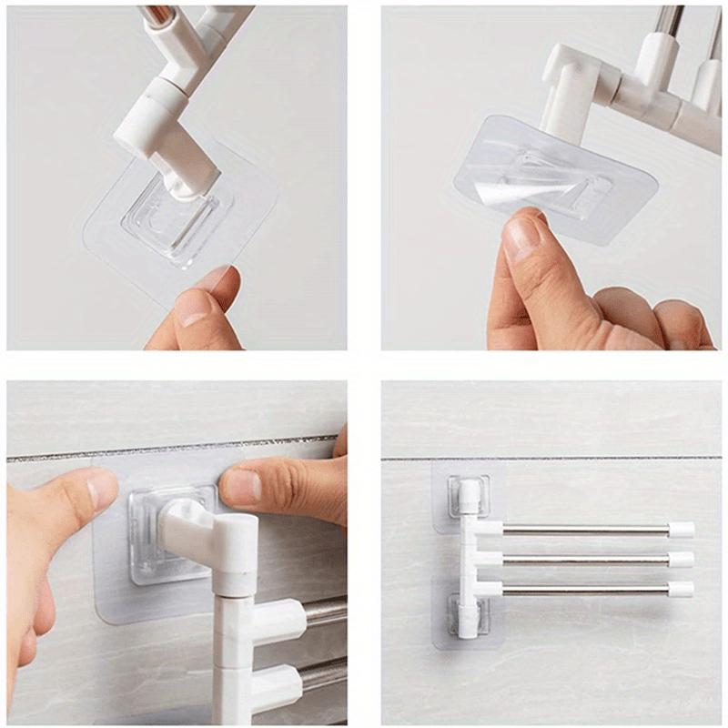 Modern wall-mounted towel rack with rotating hooks, stainless steel and plastic construction, suction cup shelf for toiletries and towels.