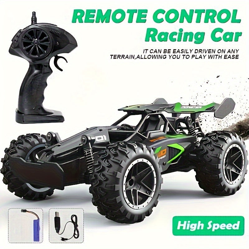 1:18 scale off-road RC car with 2.4G remote control, independent shock absorbers, dual battery, and large tires for all-terrain play.