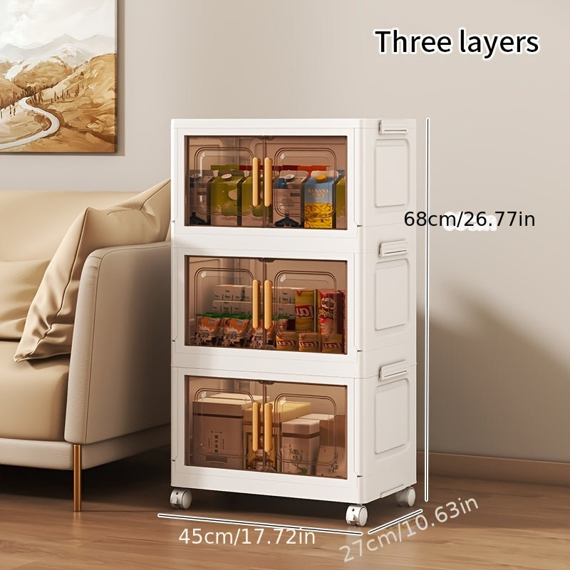 Foldable storage cabinet (46.99cm x 29.21cm) made of waterproof plastic with magnetic closure. Ideal for living room, kitchen, and bedroom. Features wheels for easy mobility. Can be used as