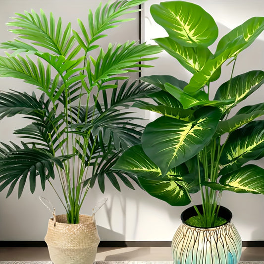 Set of 2 artificial tropical plants - faux palm and monstera, perfect for home, office, garden, and special events. Plastic greenery suitable for various holidays and occasions. Can be used indoors or outdoors for decoration, but does not come with a