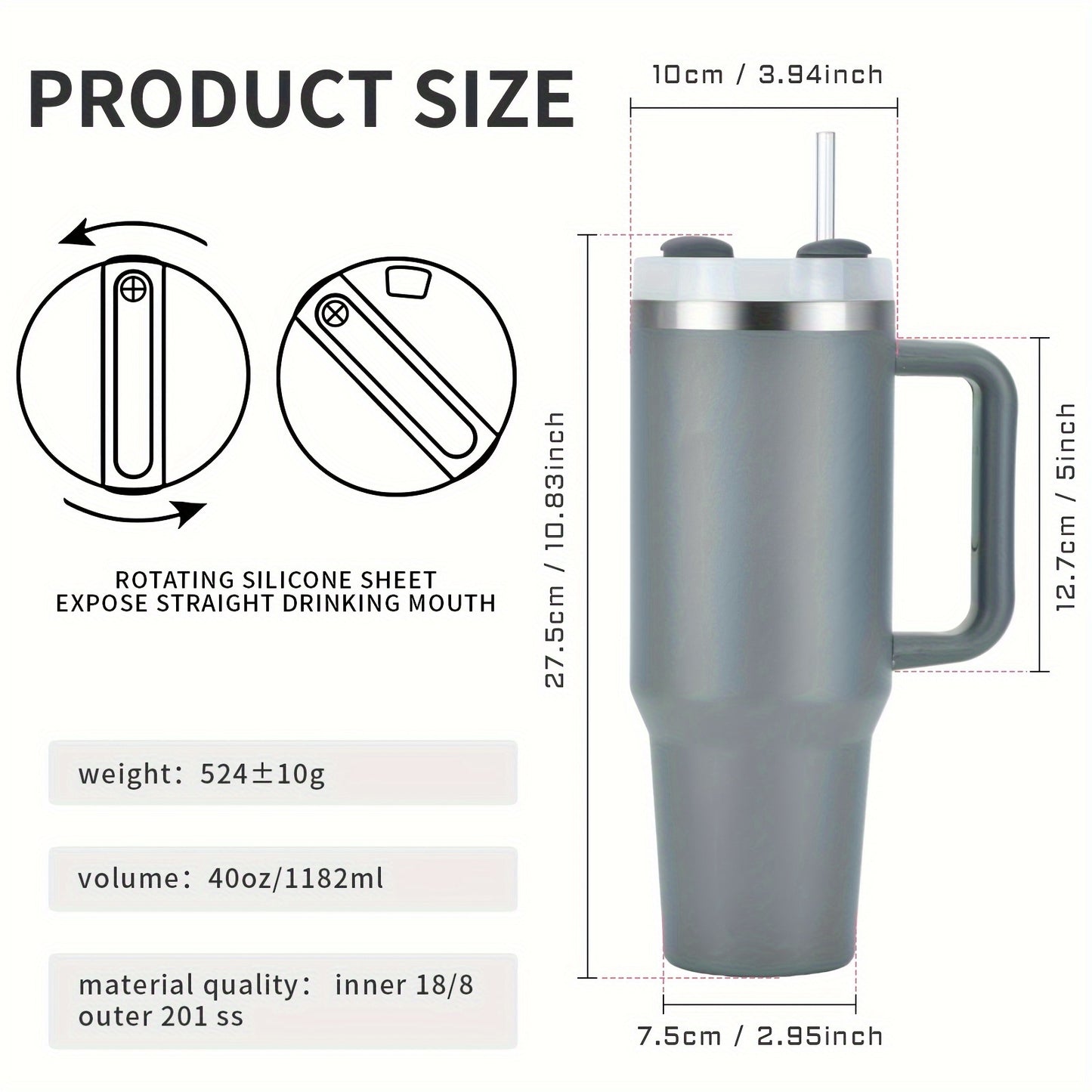 Watersy 40 oz Tumbler with Handle and Straw Lid, Double Wall Stainless Steel, Vacuum Insulated for Hot and Cold Beverages, Spill Proof and Easy to Clean.