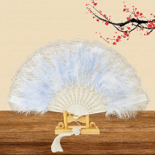 Chic Lace and Feather Foldable Fan with Vintage Floral Pattern - Ideal for Tea Parties, Gatsby Affairs, and Wedding Elegance