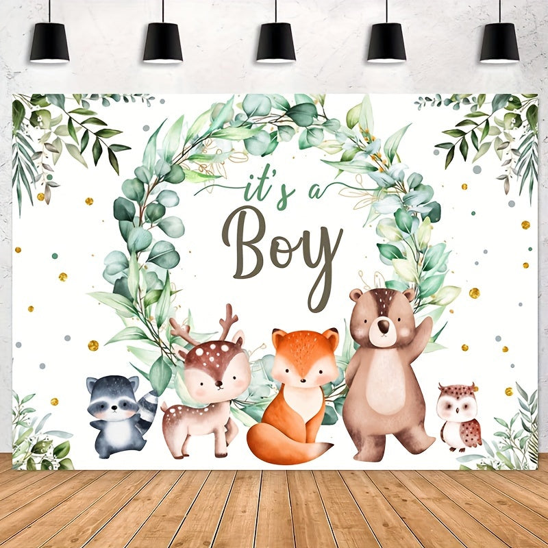 Woodland Baby Shower Background featuring green garland, fox, bear and wild animals for boy baby shower photography.