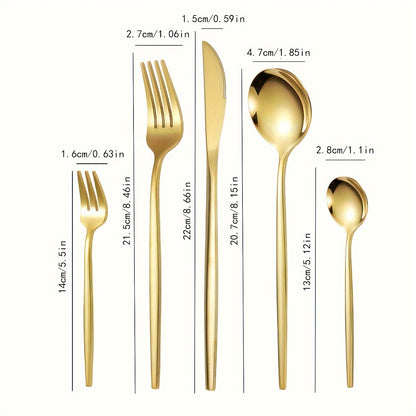 Stylish 30-piece Gold Stainless Steel Cutlery Set - Ideal for Home, Restaurants, Events - Dishwasher Safe, High-quality Utensils.