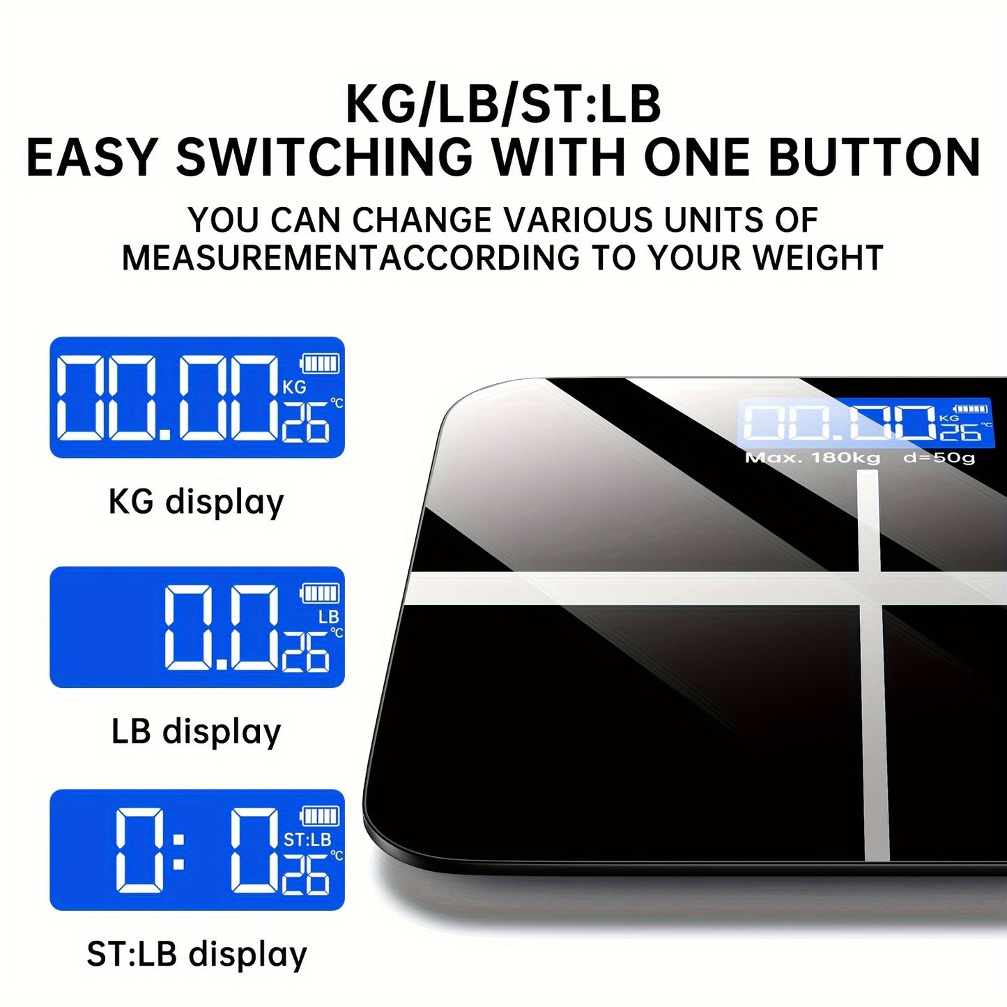 HD Digital Weight Scale with 179.62KG capacity and LED display. Includes non-rechargeable AAA battery and switchable KG/Pound feature. Plastic construction with ultra-wide platform. Battery