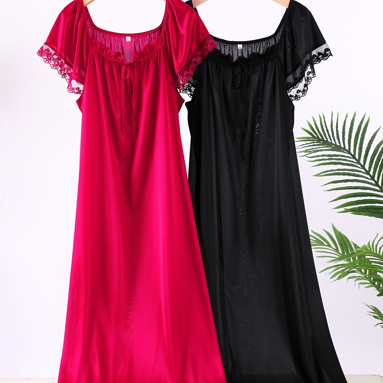 2 women's satin sleep dresses with lace trim, square neck, short sleeve nightgowns in red & black, polyester blend for spring/summer lingerie sleepwear