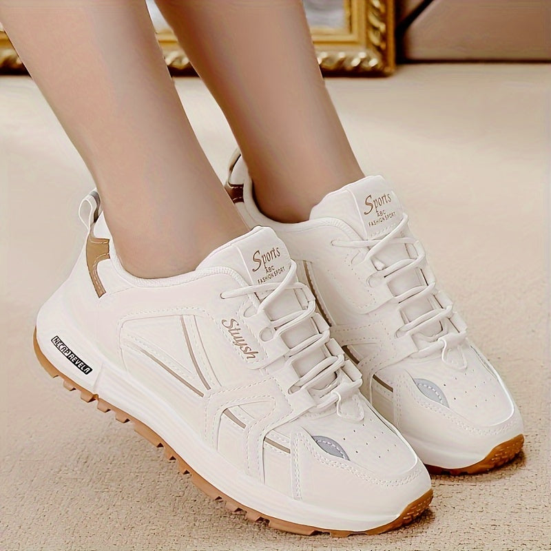 Casual women's running sneakers in white and brown, lace-up low-top design with textured faux leather upper and durable PU sole, comfortable all-season footwear.