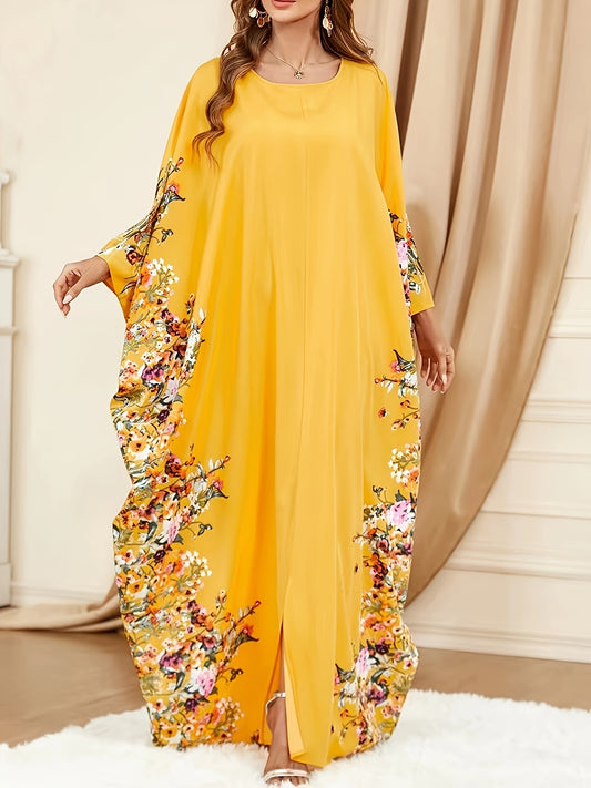 Floral Print Maxi Dress with Batwing Sleeves, Women's Abaya