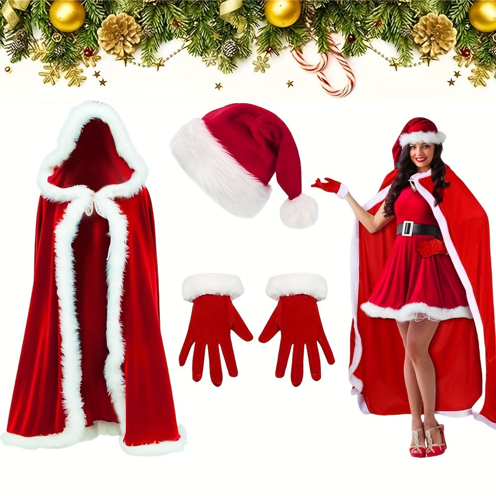 Get into the holiday spirit with our Christmas Santa Claus Costume Accessory Set! This set includes a comfortable velvet hooded cloak with white trim, a cute red velvet Santa hat, and cozy polyester & spandex gloves for ladies. Perfect for festive