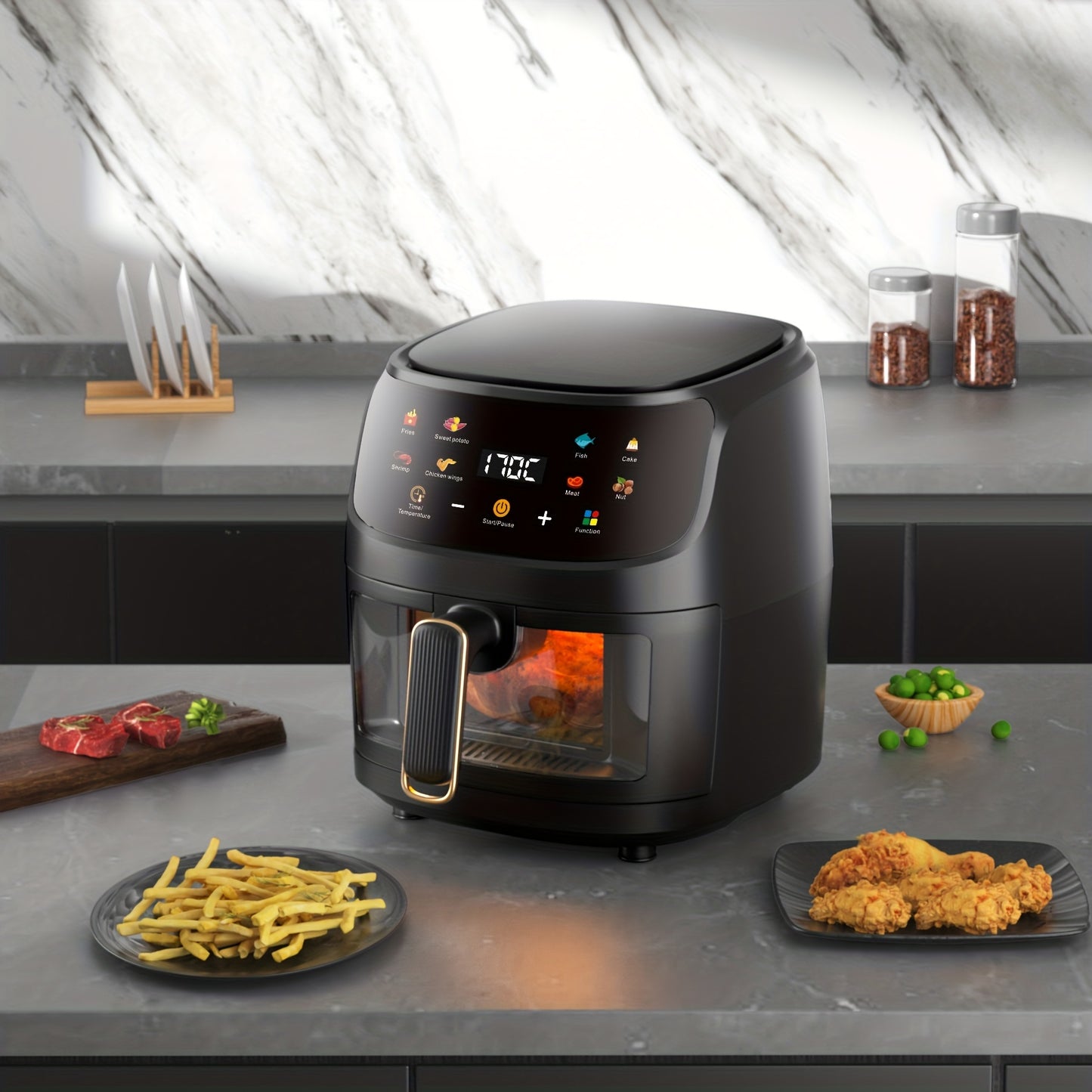 6L sleek black air fryer with large color touch screen, electric deep fryer for delicious fries & chicken nuggets, easy-to-use, multi-functional, 220V-240V, food-viewing window, home