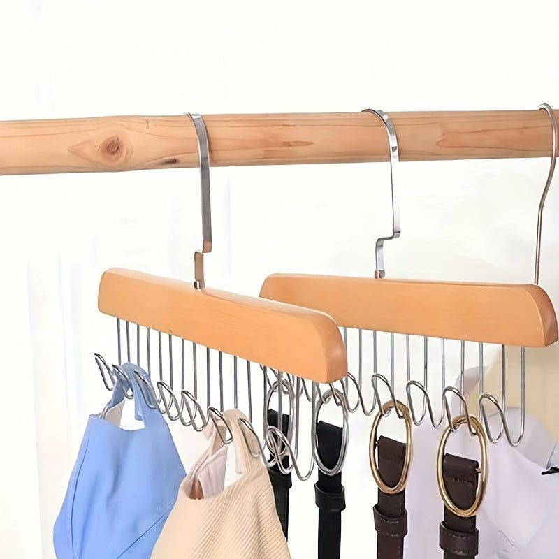 Wooden Clothes Hanger with 8 Wave Hooks, Ideal for Storing Undergarments, Bras, and Accessories, Unfinished Wood, Multi-Purpose