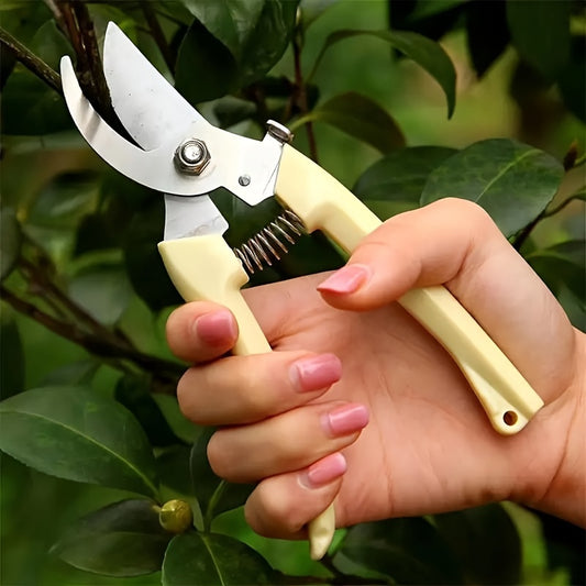 Classic pruning shears with stainless steel blades and ergonomic yellow handle, perfect for trimming flowers and maintaining lawns.