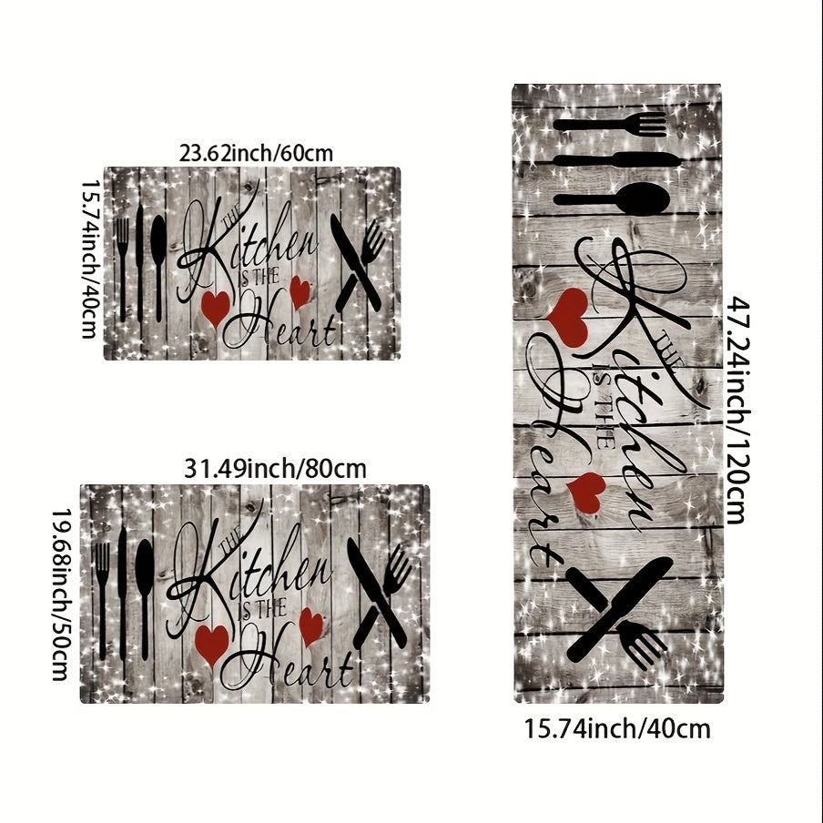 Коврик для кухни с древесной текстурой и дизайном сердца с ножом и вилкой. Прочный полиэстер, можно стирать в машине. Идеально подходит для домашнего декора.